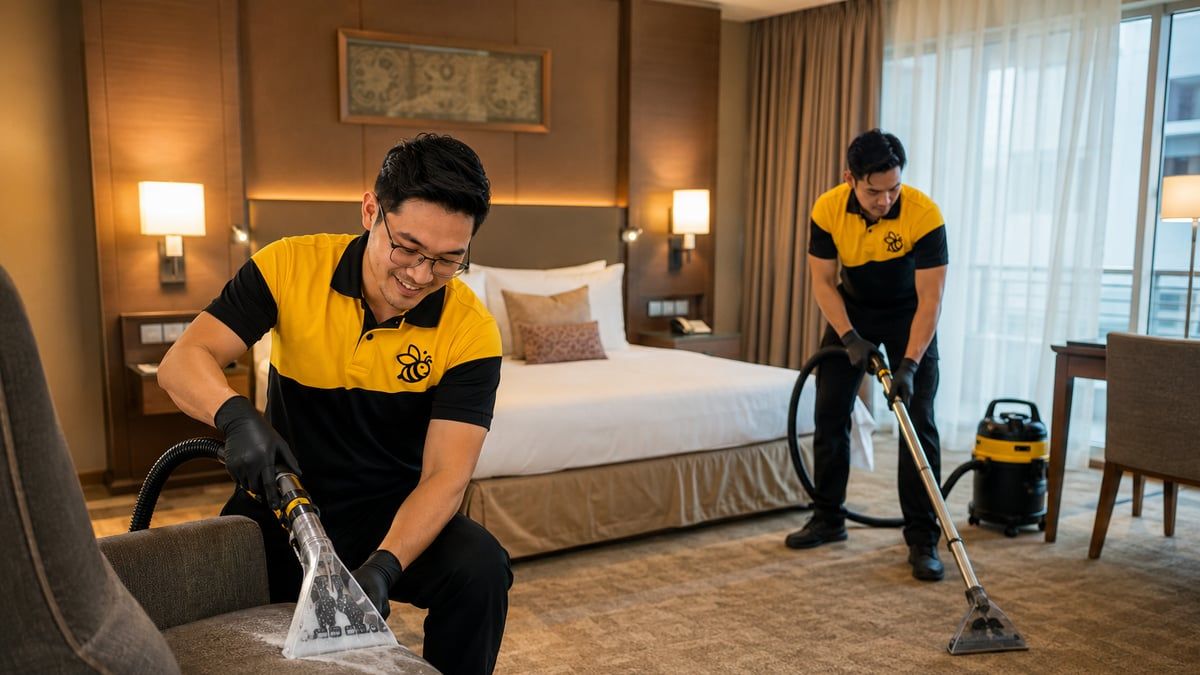 Team at work in a hotel room